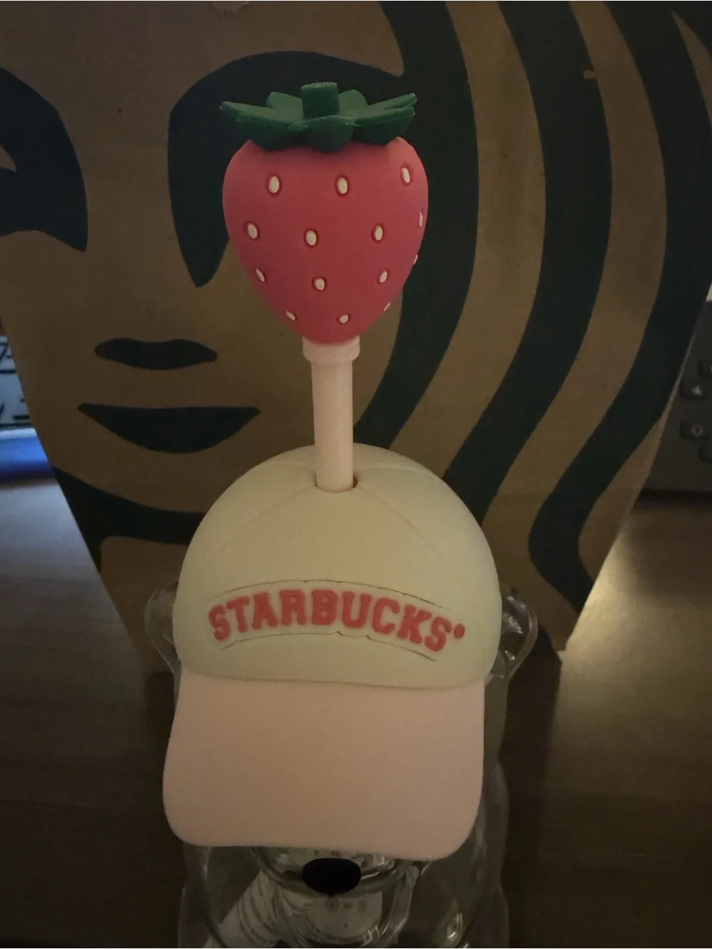 Starbucks Clear Bear Tumbler with Pink Cap and Strawberry Straw